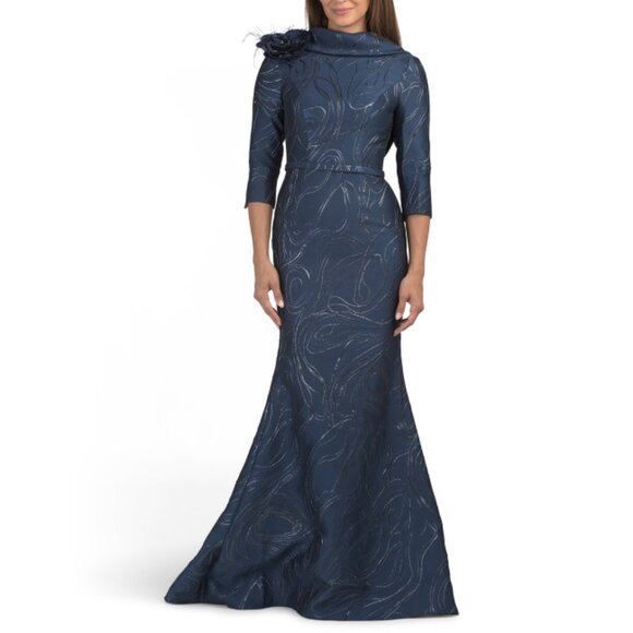 TERANI COUTURE Navy Three-quarter Sleeve Roll Neck Jacquard Gown - Picture 1 of 2